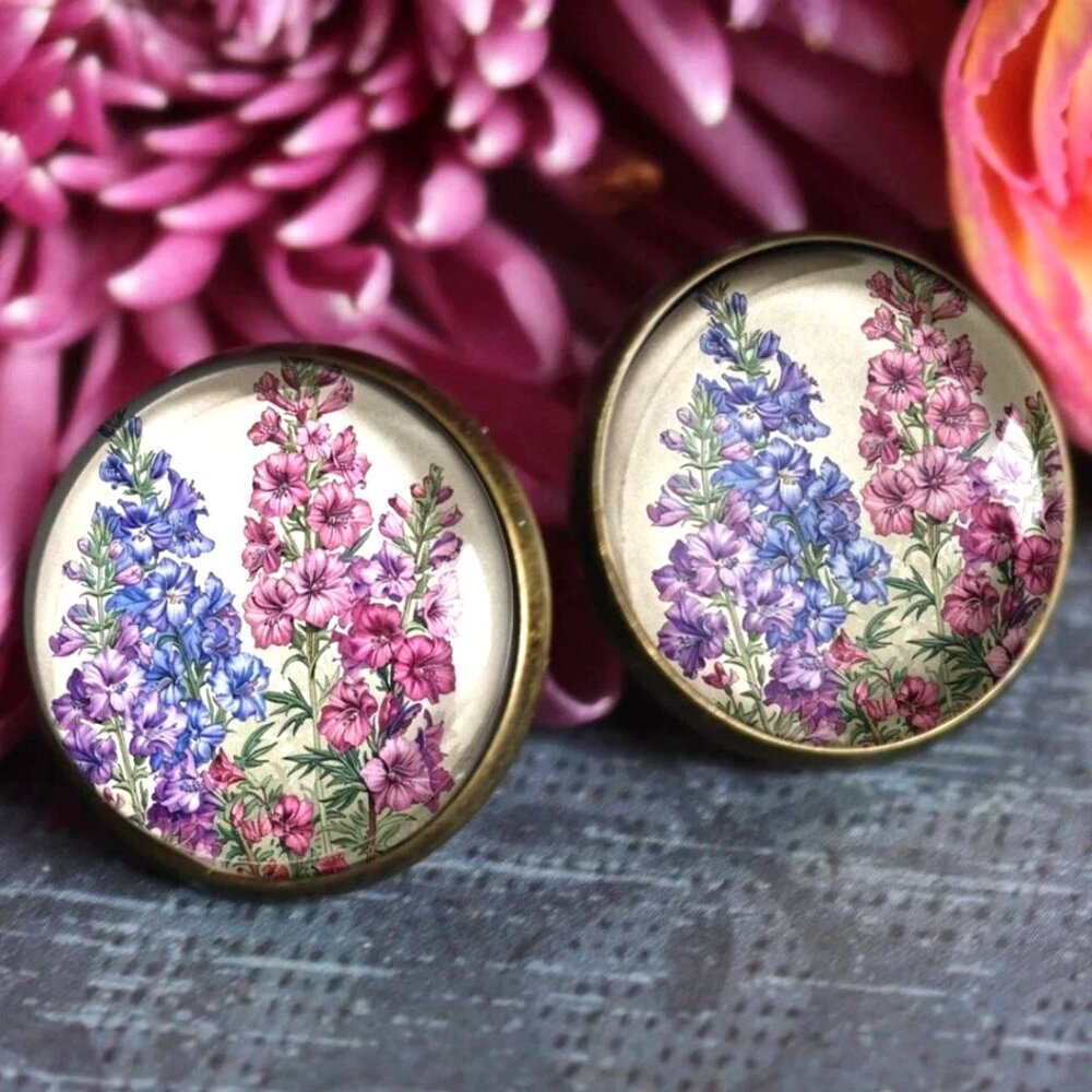 Larkspur /Delphinium Flower Stud Earrings - Cottagecore Vintage Inspired Jewelry